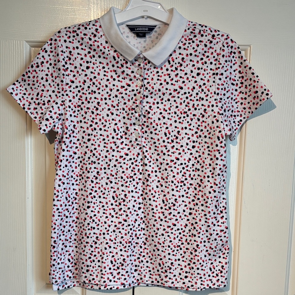 Lands' End White Polo with Red and Black Dots